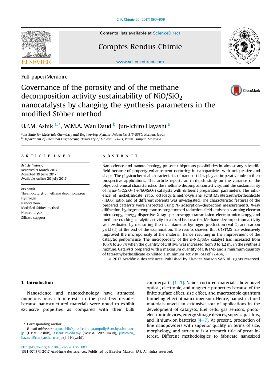 عکس صفحه اول مقاله: Governance of the porosity and of the methane decomposition activity sustainability of NiO/SiO2 nanocatalysts by changing the synthesis parameters in the modified Stöber method Governance of the porosity and of the methane decomposition activity sustainability of NiO/SiO2 nanocatalysts by changing the synthesis parameters in the modified Stöber method
