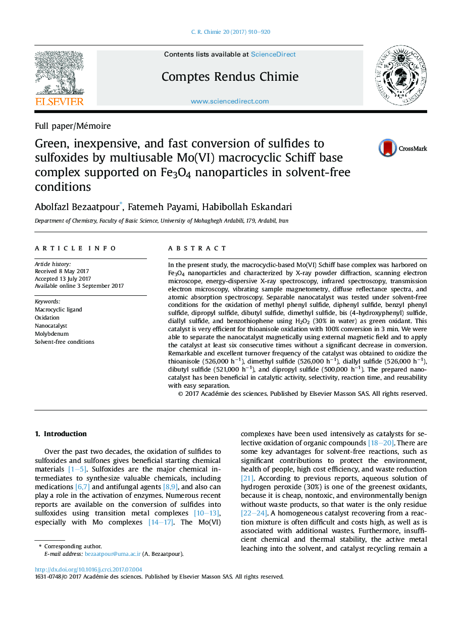 Green, inexpensive, and fast conversion of sulfides to sulfoxides by multiusable Mo(VI) macrocyclic Schiff base complex supported on Fe3O4 nanoparticles in solvent-free conditions