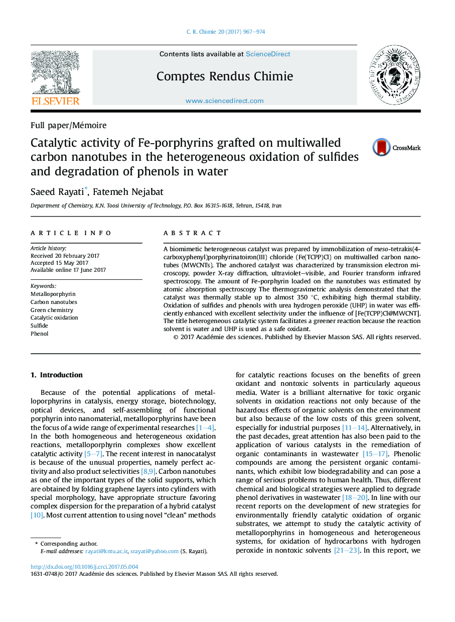 Catalytic activity of Fe-porphyrins grafted on multiwalled carbon nanotubes in the heterogeneous oxidation of sulfides and degradation of phenols in water