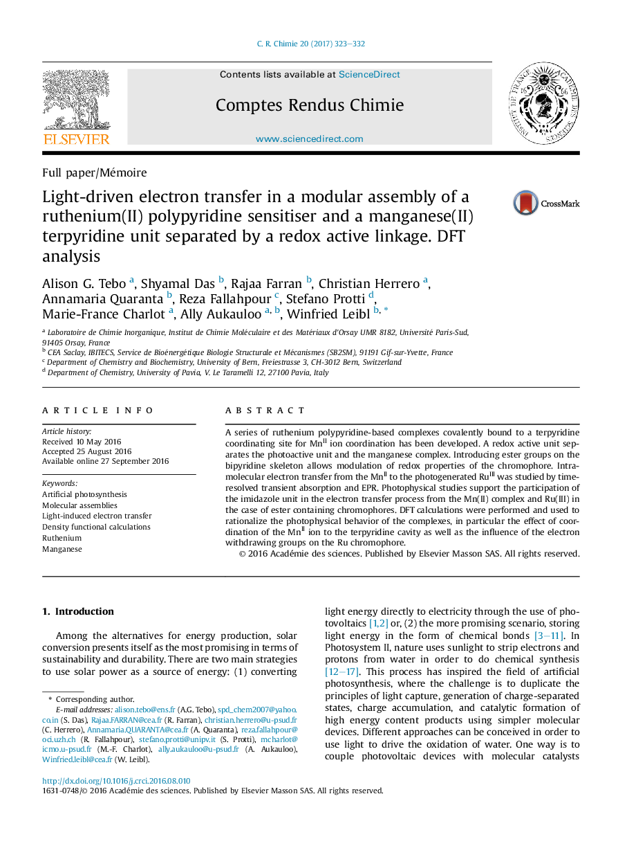 Light-driven electron transfer in a modular assembly of a ruthenium(II) polypyridine sensitiser and a manganese(II) terpyridine unit separated by a redox active linkage. DFT analysis