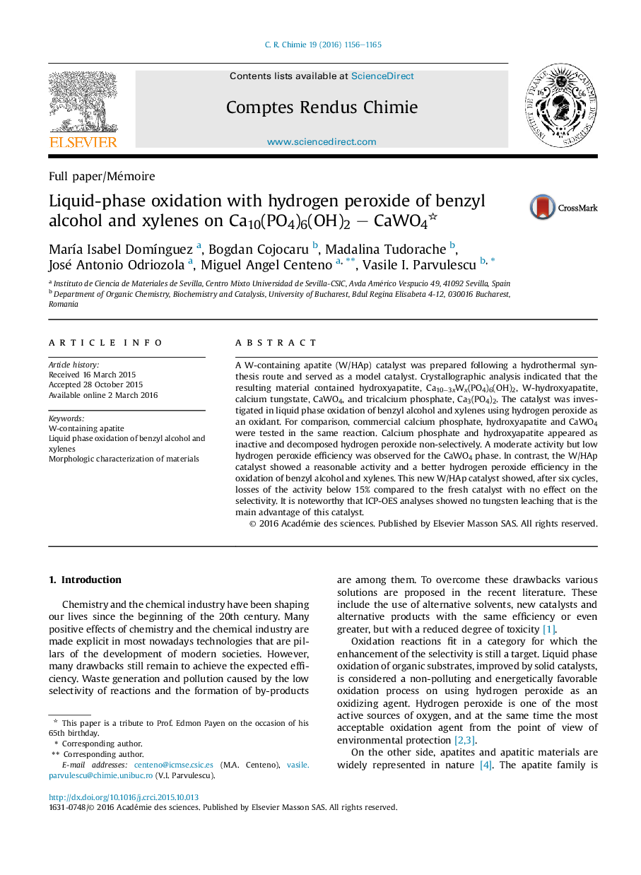 Liquid-phase oxidation with hydrogen peroxide of benzyl alcohol and xylenes on Ca10(PO4)6(OH)2 - CaWO4