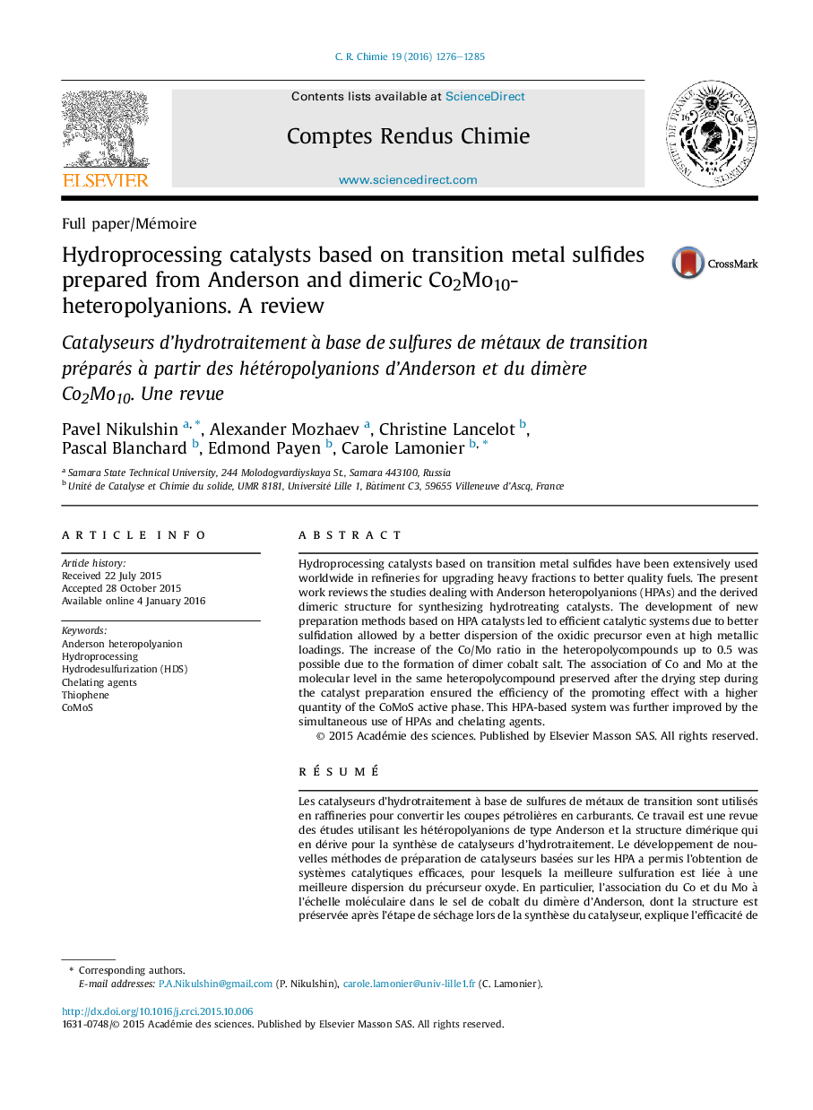 Hydroprocessing catalysts based on transition metal sulfides prepared from Anderson and dimeric Co2Mo10-heteropolyanions. A review