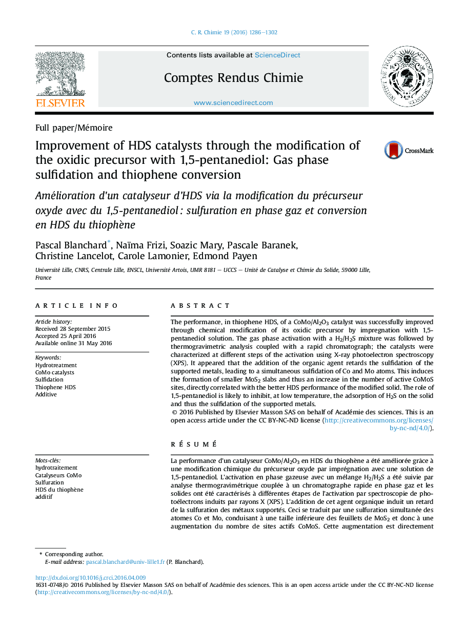 Improvement of HDS catalysts through the modification of the oxidic precursor with 1,5-pentanediol: Gas phase sulfidation and thiophene conversion