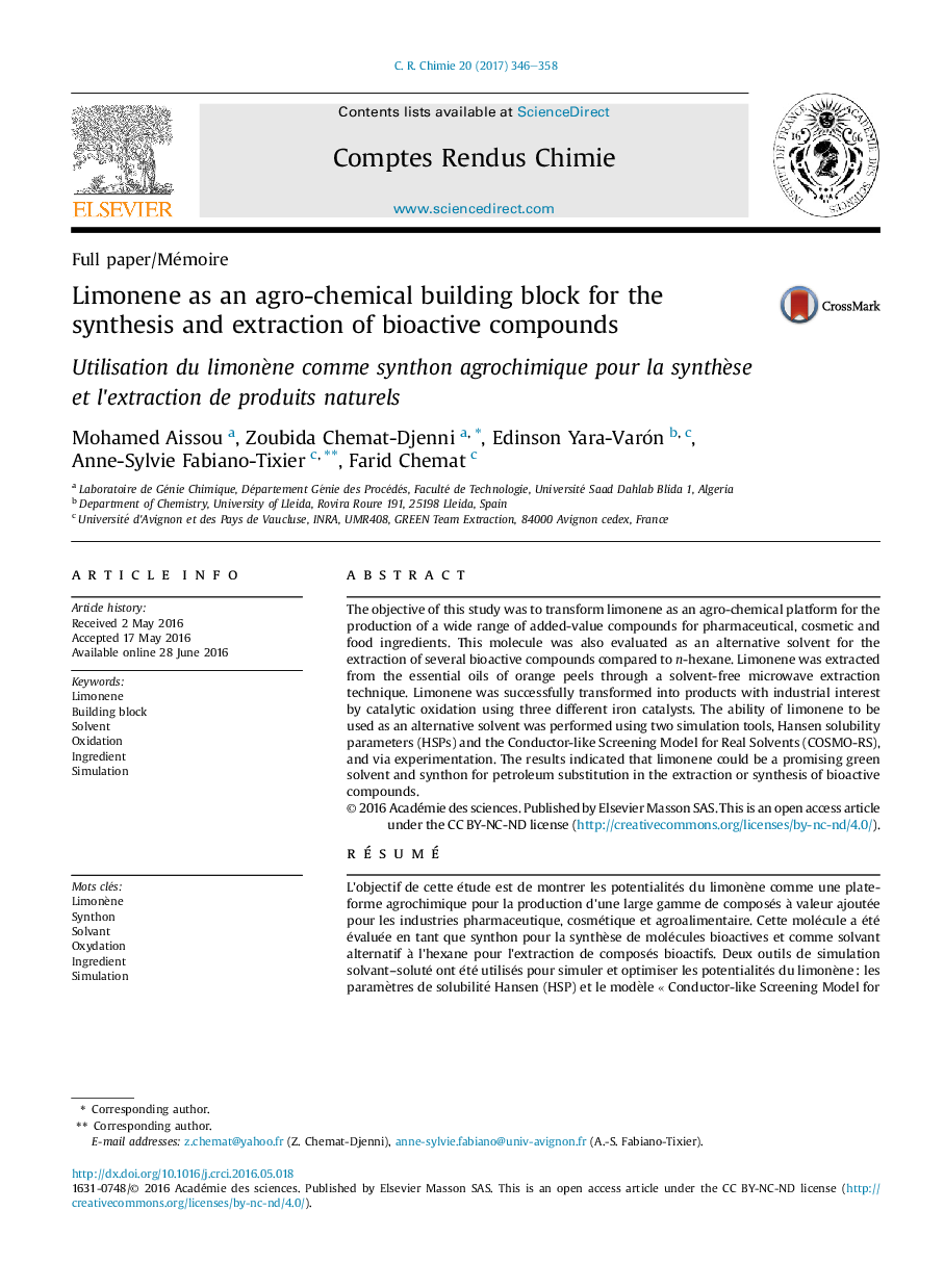 Limonene as an agro-chemical building block for the synthesis and extraction of bioactive compounds