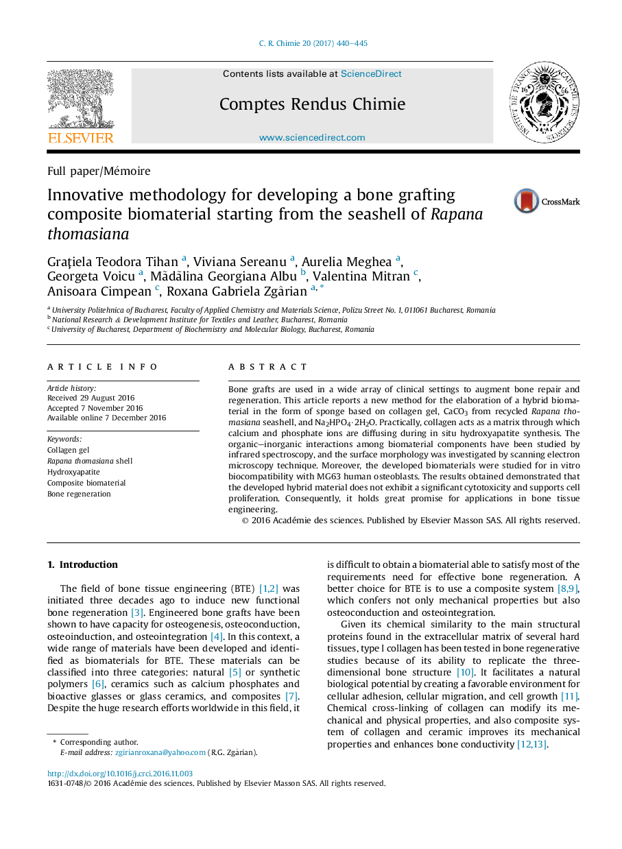 Innovative methodology for developing a bone grafting composite biomaterial starting from the seashell of Rapana thomasiana