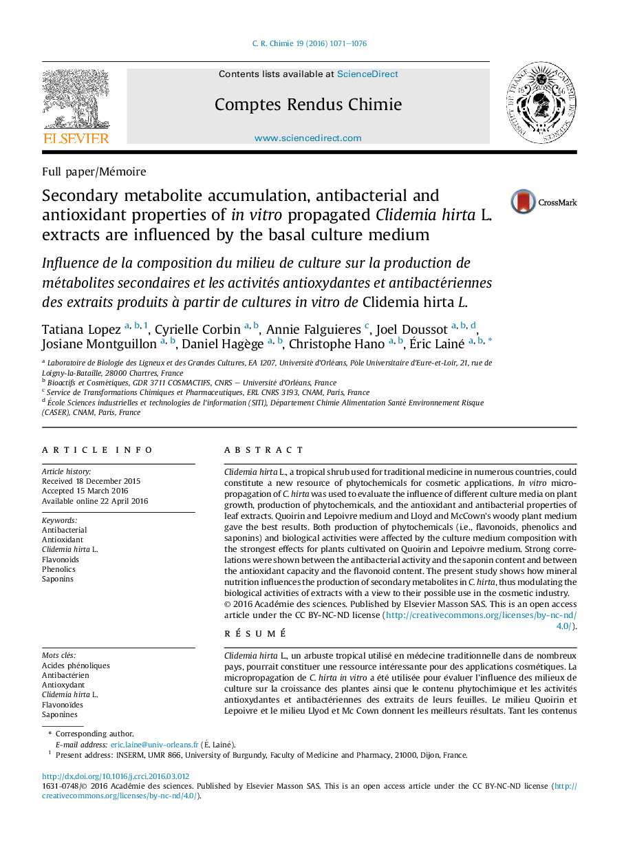 Secondary metabolite accumulation, antibacterial and antioxidant properties of inÂ vitro propagated Clidemia hirta L. extracts are influenced by the basal culture medium