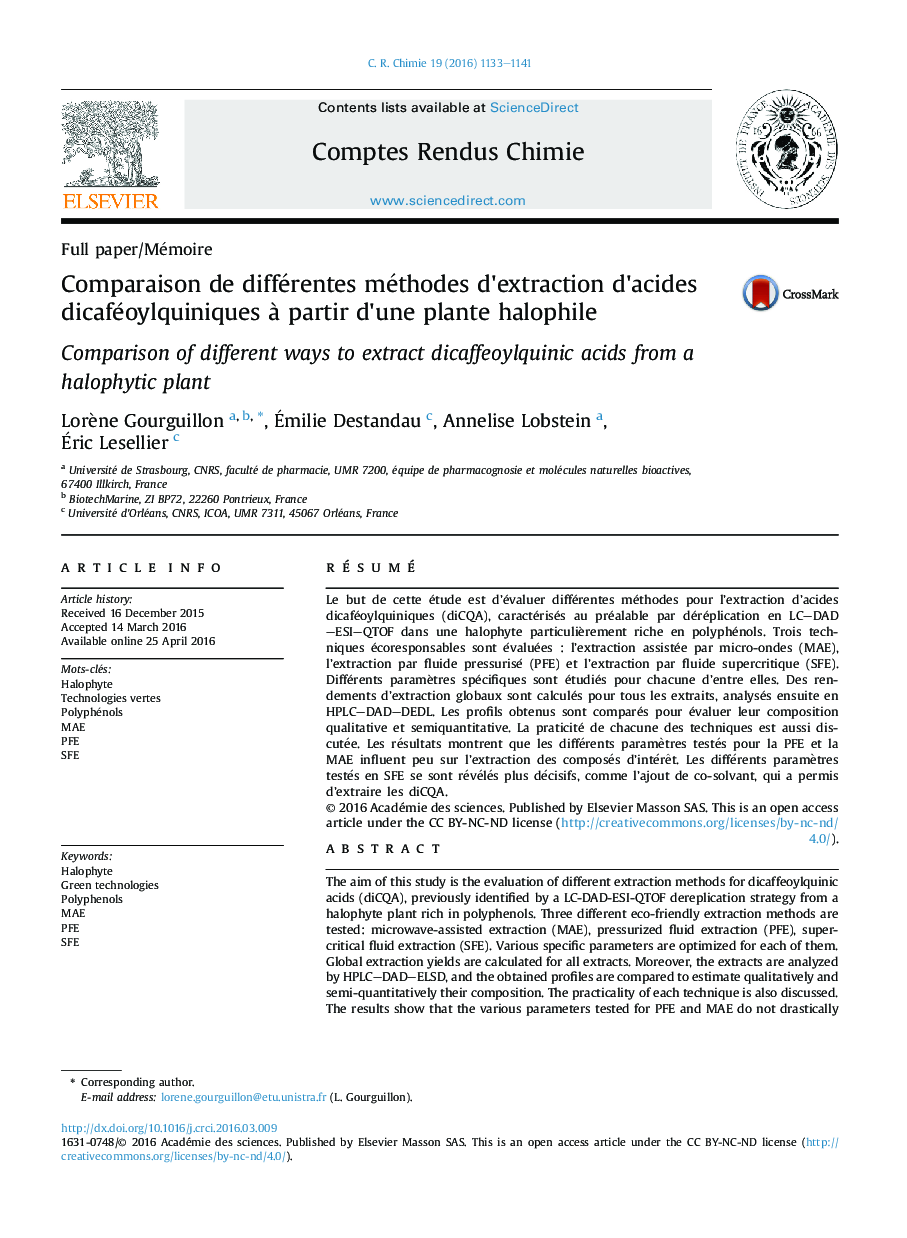 Comparaison de différentes méthodes d'extraction d'acides dicaféoylquiniques Ã  partir d'une plante halophile