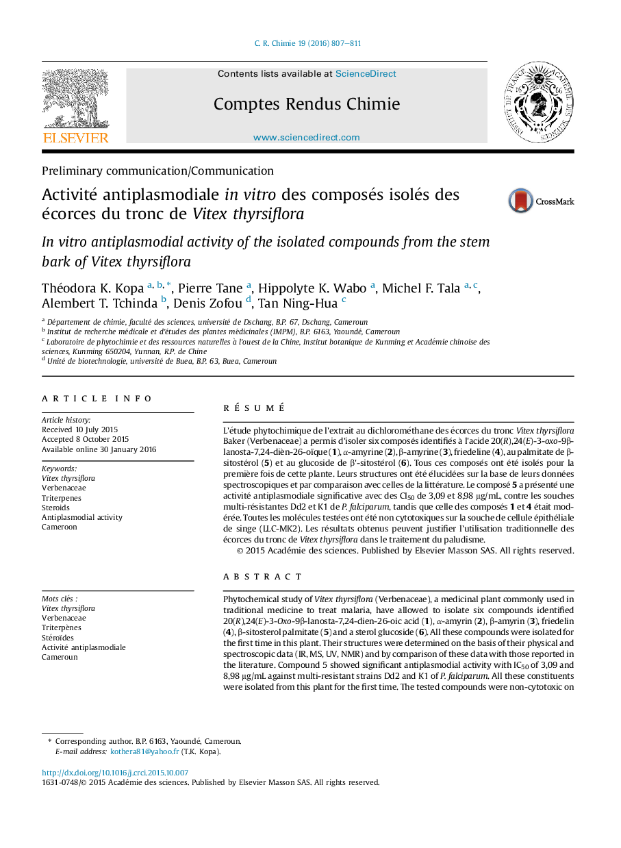 Activité antiplasmodiale inÂ vitro des composés isolés des écorces du tronc de Vitex thyrsiflora