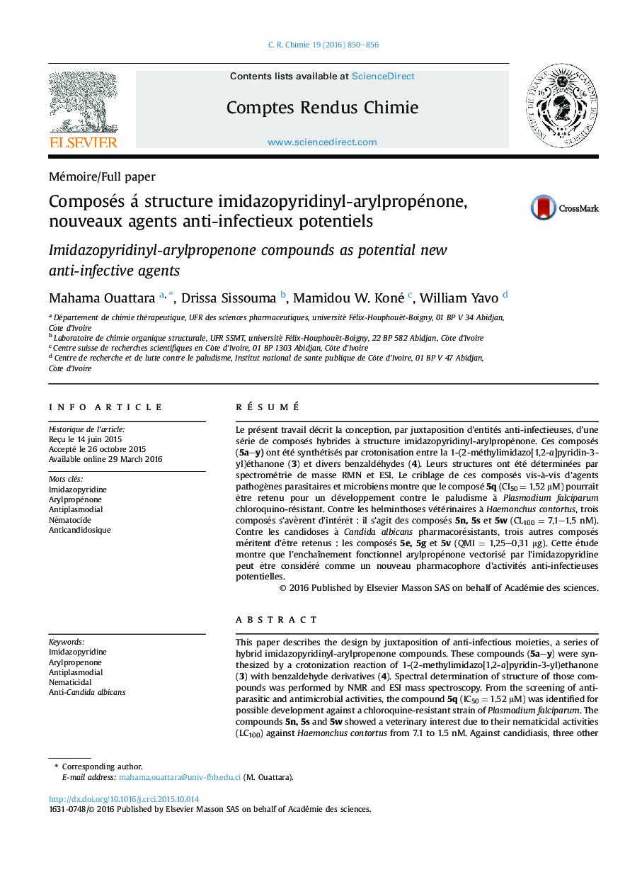 Composés á structure imidazopyridinyl-arylpropénone, nouveaux agents anti-infectieux potentiels