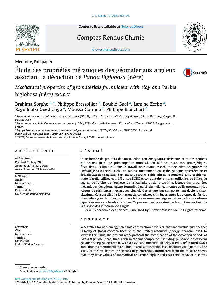 Ãtude des propriétés mécaniques des géomateriaux argileux associant la décoction de Parkia Biglobosa (néré)