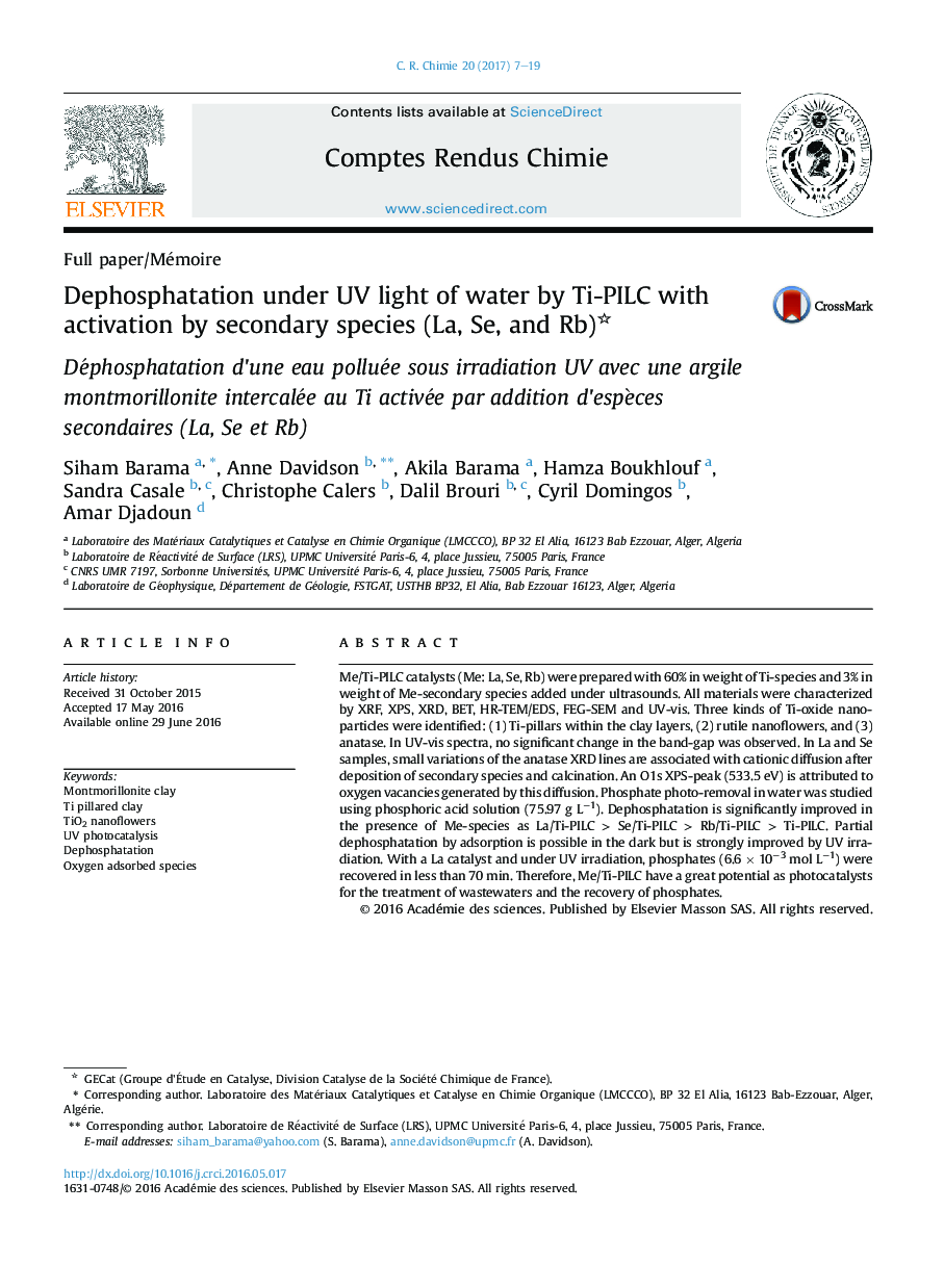 Dephosphatation under UV light of water by Ti-PILC with activation by secondary species (La, Se, and Rb)