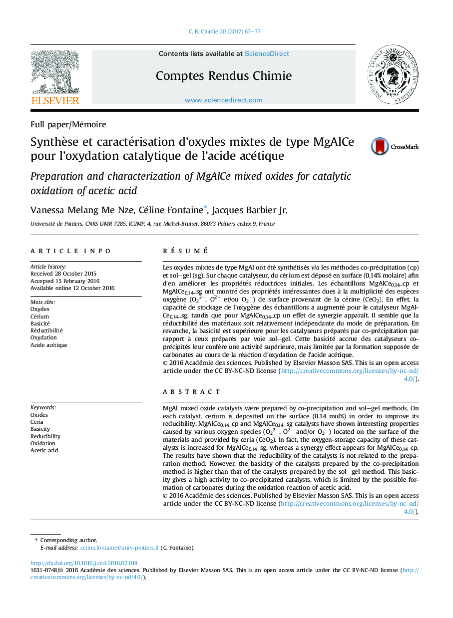 SynthÃ¨se et caractérisation d'oxydes mixtes de type MgAlCe pour l'oxydation catalytique de l'acide acétique