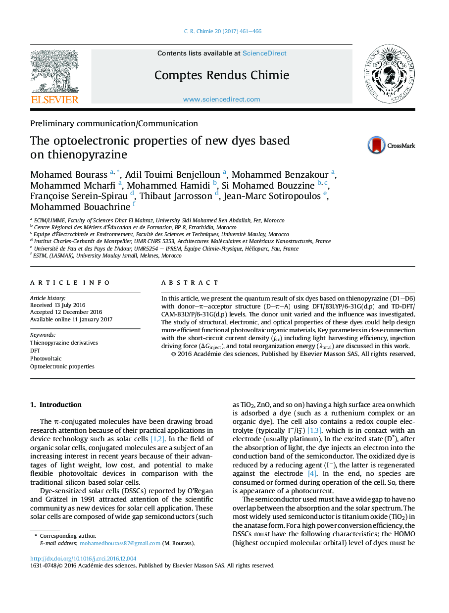 The optoelectronic properties of new dyes based onÂ thienopyrazine