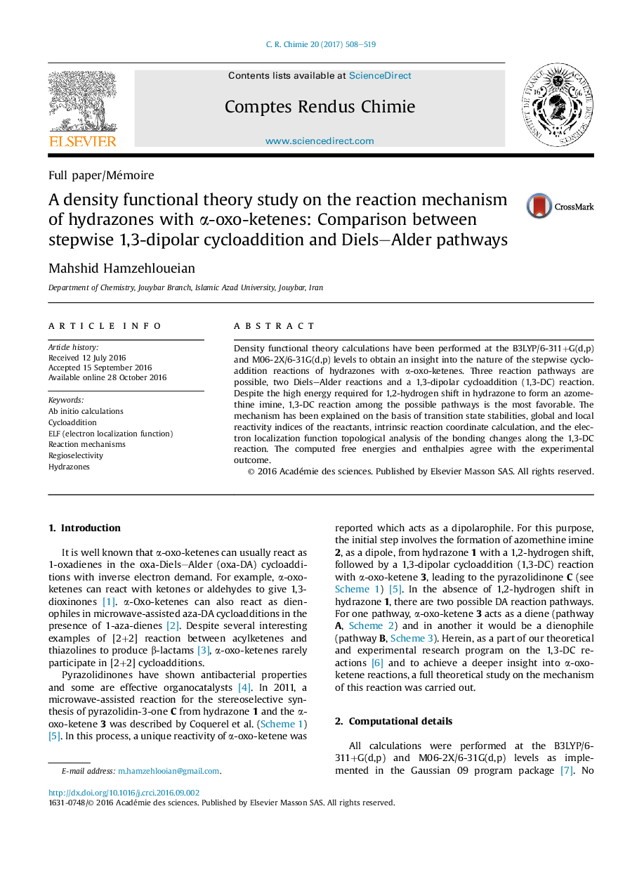 A density functional theory study on the reaction mechanism of hydrazones with Î±-oxo-ketenes: Comparison between stepwise 1,3-dipolar cycloaddition and Diels-Alder pathways