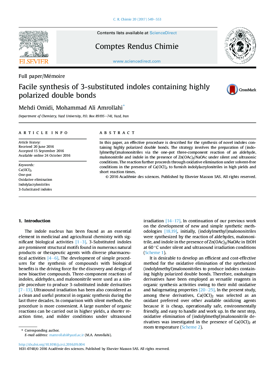 Facile synthesis of 3-substituted indoles containing highly polarized double bonds