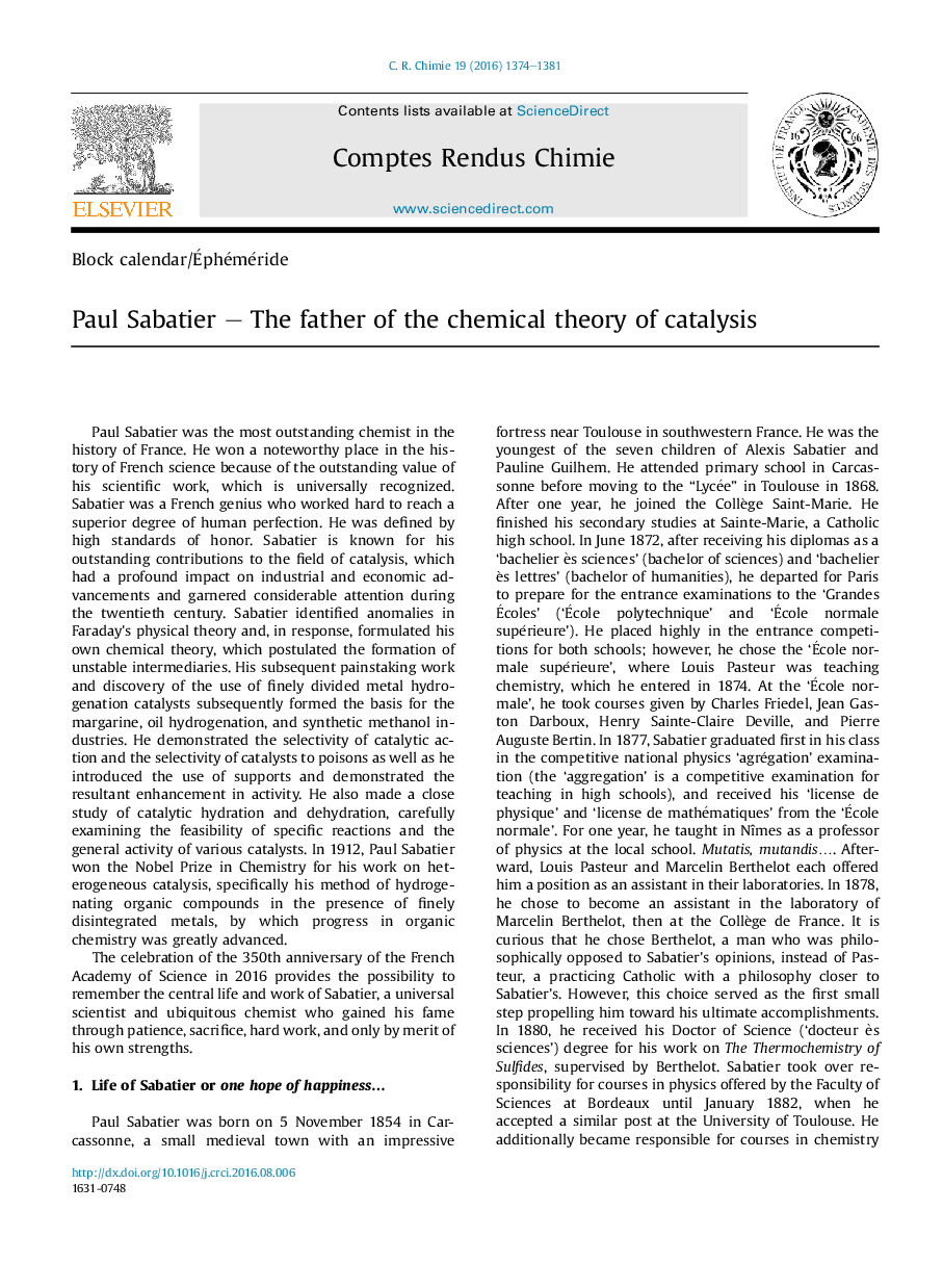 Paul Sabatier - The father of the chemical theory of catalysis
