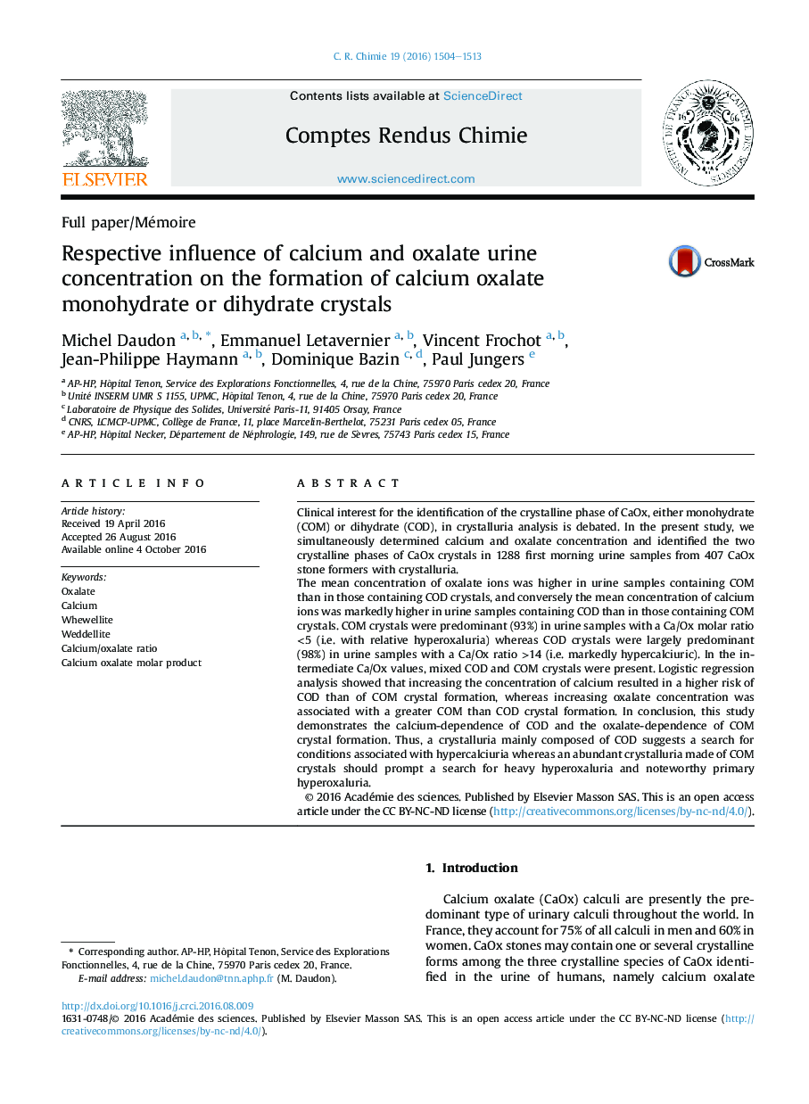 Respective influence of calcium and oxalate urine concentration on the formation of calcium oxalate monohydrate or dihydrate crystals
