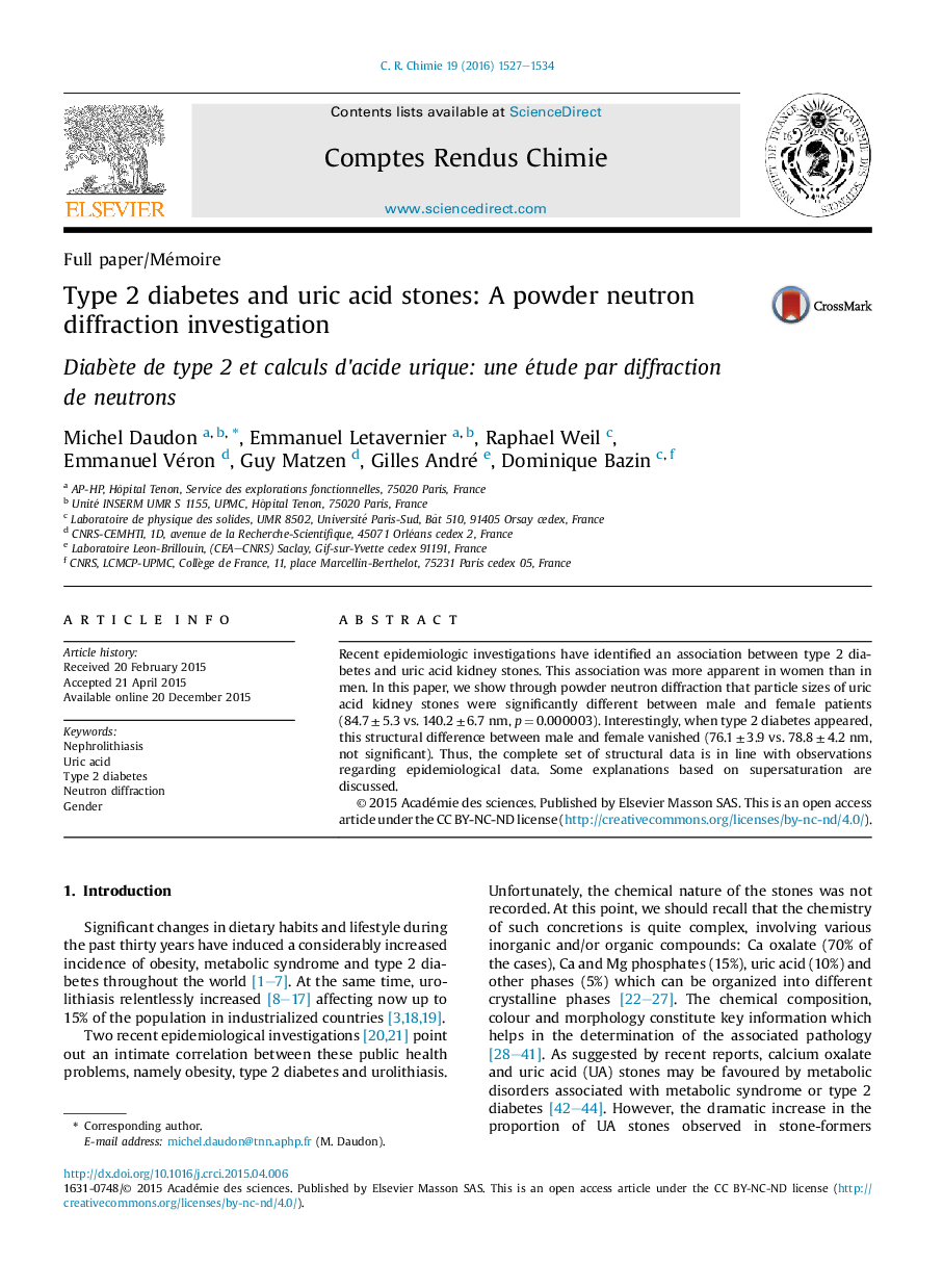 Type 2 diabetes and uric acid stones: A powder neutron diffraction investigation