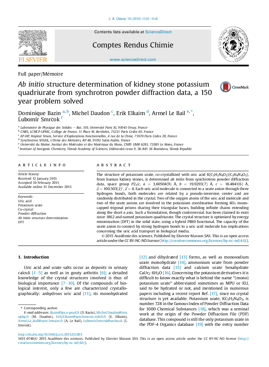 Ab initio structure determination of kidney stone potassium quadriurate from synchrotron powder diffraction data, a 150 year problem solved