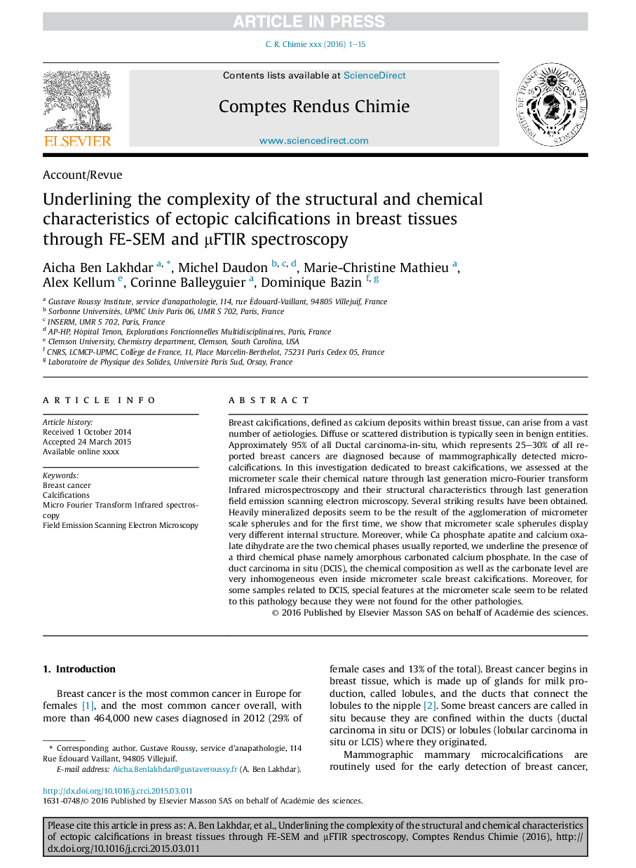 Underlining the complexity of the structural and chemical characteristics of ectopic calcifications in breast tissues through FE-SEM and Î¼FTIR spectroscopy