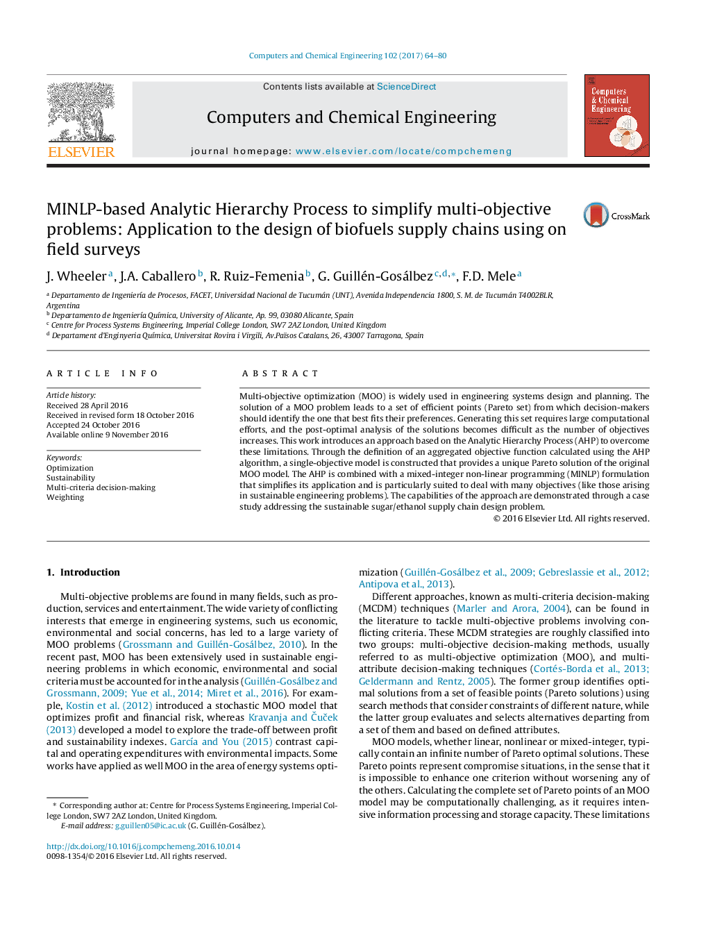 MINLP-based Analytic Hierarchy Process to simplify multi-objective problems: Application to the design of biofuels supply chains using on field surveys