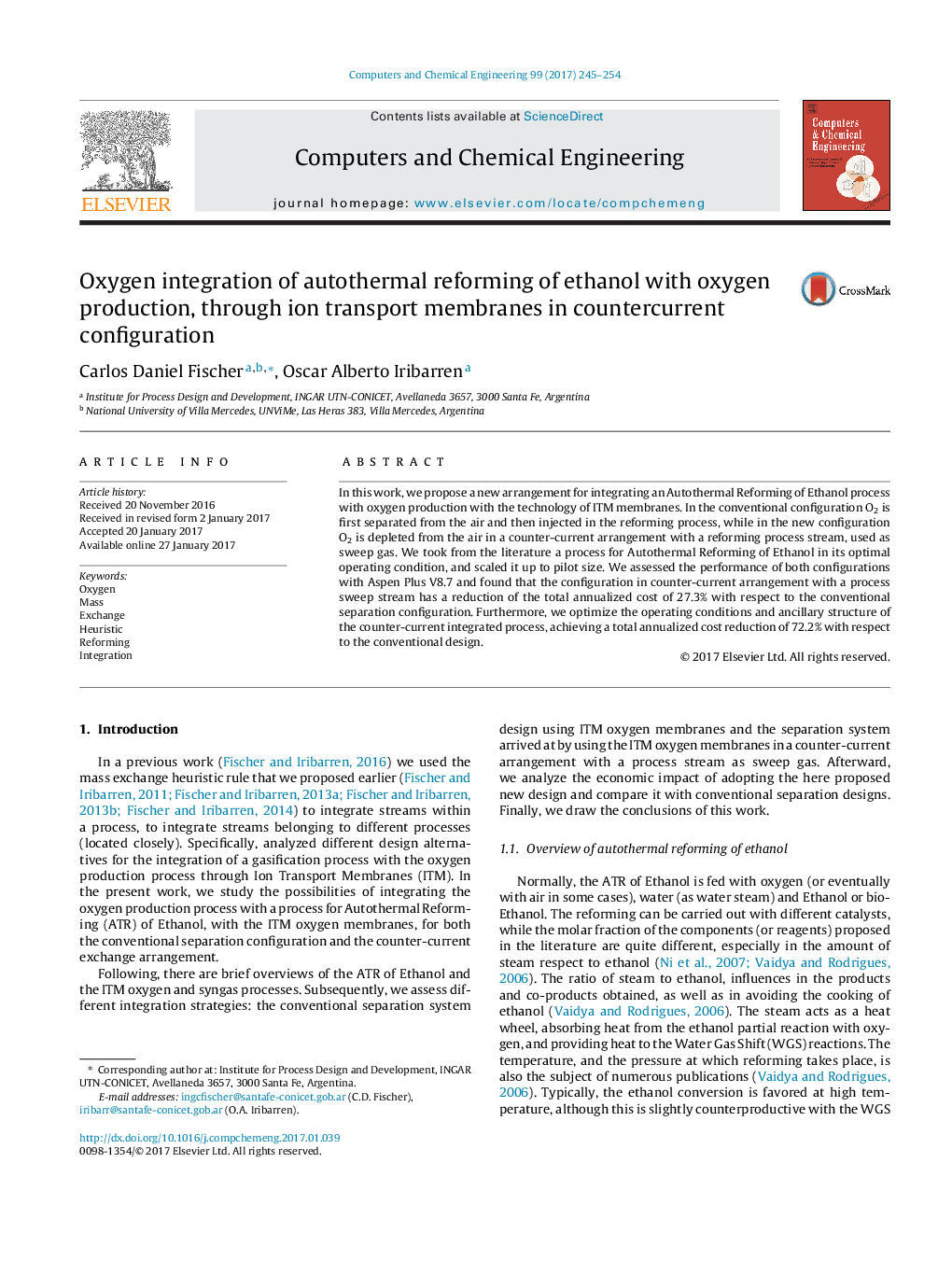 Oxygen integration of autothermal reforming of ethanol with oxygen production, through ion transport membranes in countercurrent configuration