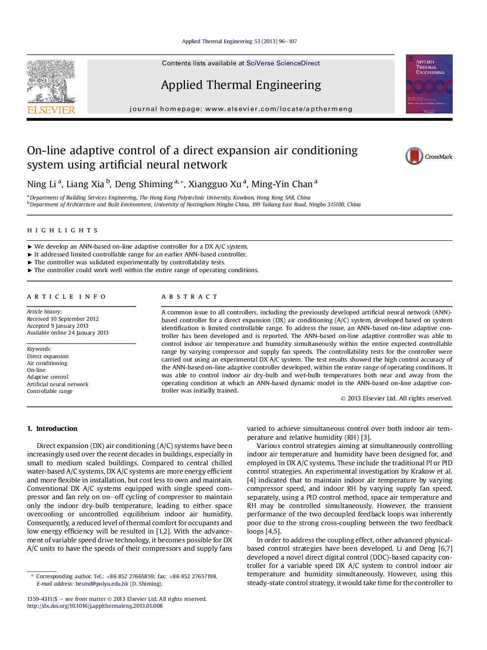 On-line adaptive control of a direct expansion air conditioning system using artificial neural network