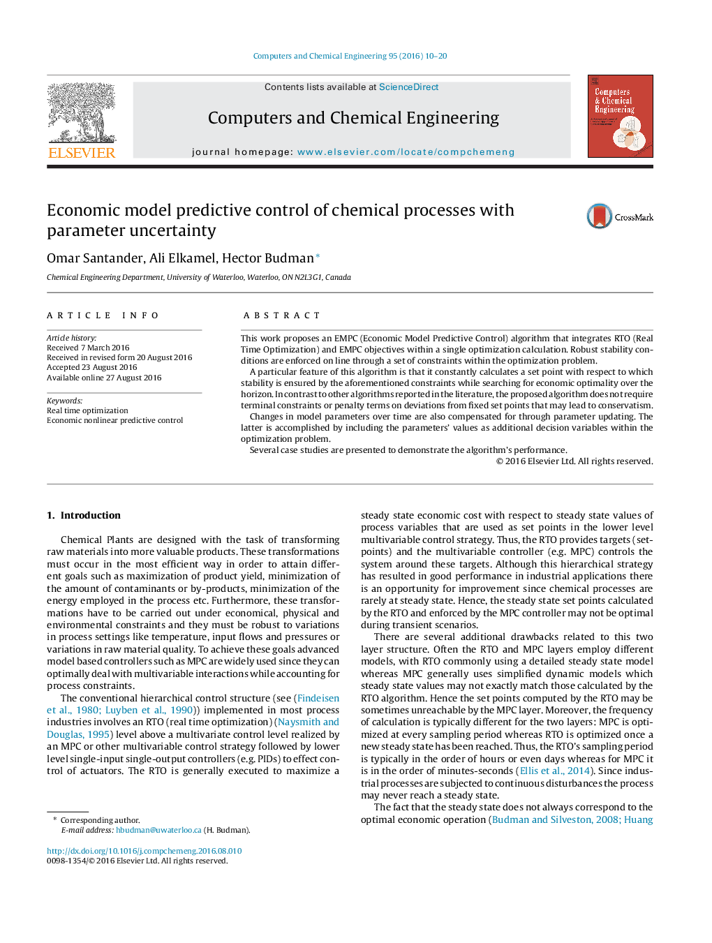 Economic model predictive control of chemical processes with parameter uncertainty