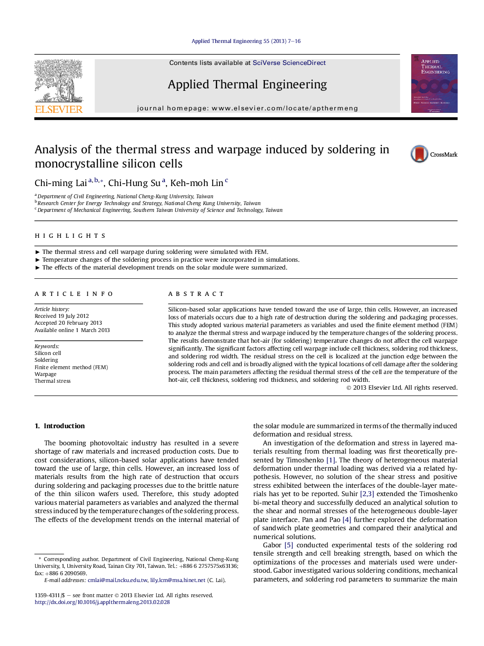 عکس صفحه اول مقاله: Analysis of the thermal stress and warpage induced by soldering in monocrystalline silicon cells Analysis of the thermal stress and warpage induced by soldering in monocrystalline silicon cells