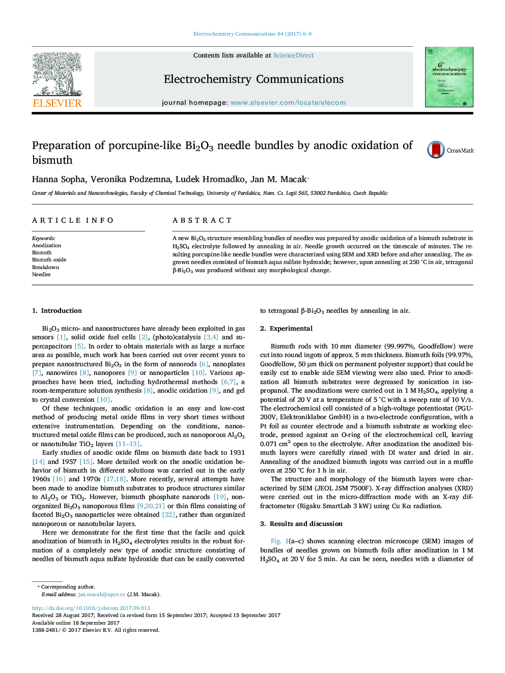 Preparation of porcupine-like Bi2O3 needle bundles by anodic oxidation of bismuth