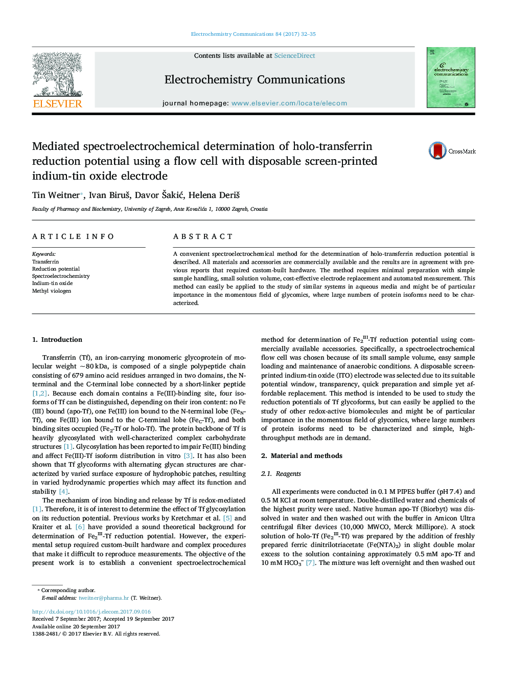 Mediated spectroelectrochemical determination of holo-transferrin reduction potential using a flow cell with disposable screen-printed indiumâtin oxide electrode