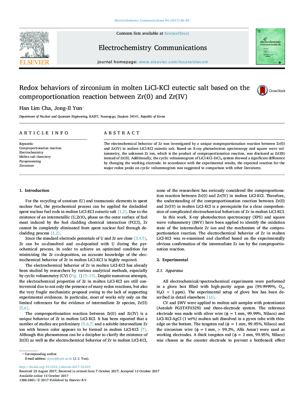Redox behaviors of zirconium in molten LiCl-KCl eutectic salt based on the comproportionation reaction between Zr(0) and Zr(IV)