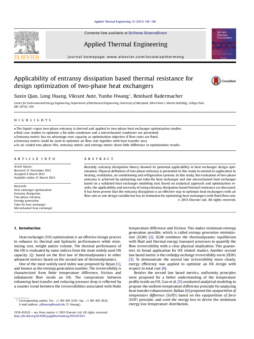 عکس صفحه اول مقاله: Applicability of entransy dissipation based thermal resistance for design optimization of two-phase heat exchangers Applicability of entransy dissipation based thermal resistance for design optimization of two-phase heat exchangers