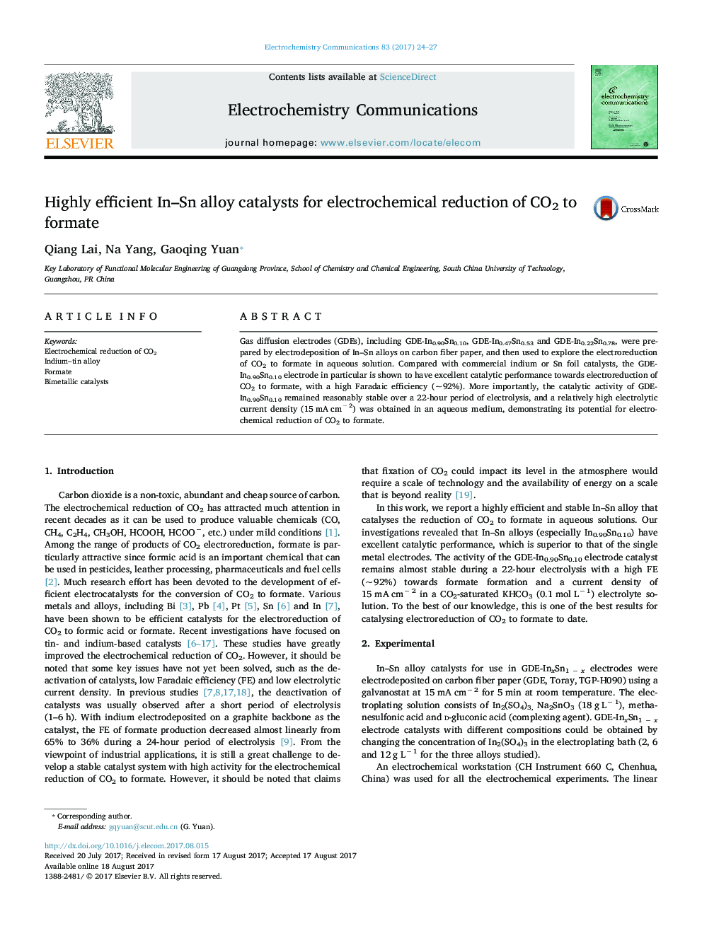 Highly efficient In-Sn alloy catalysts for electrochemical reduction of CO2 to formate