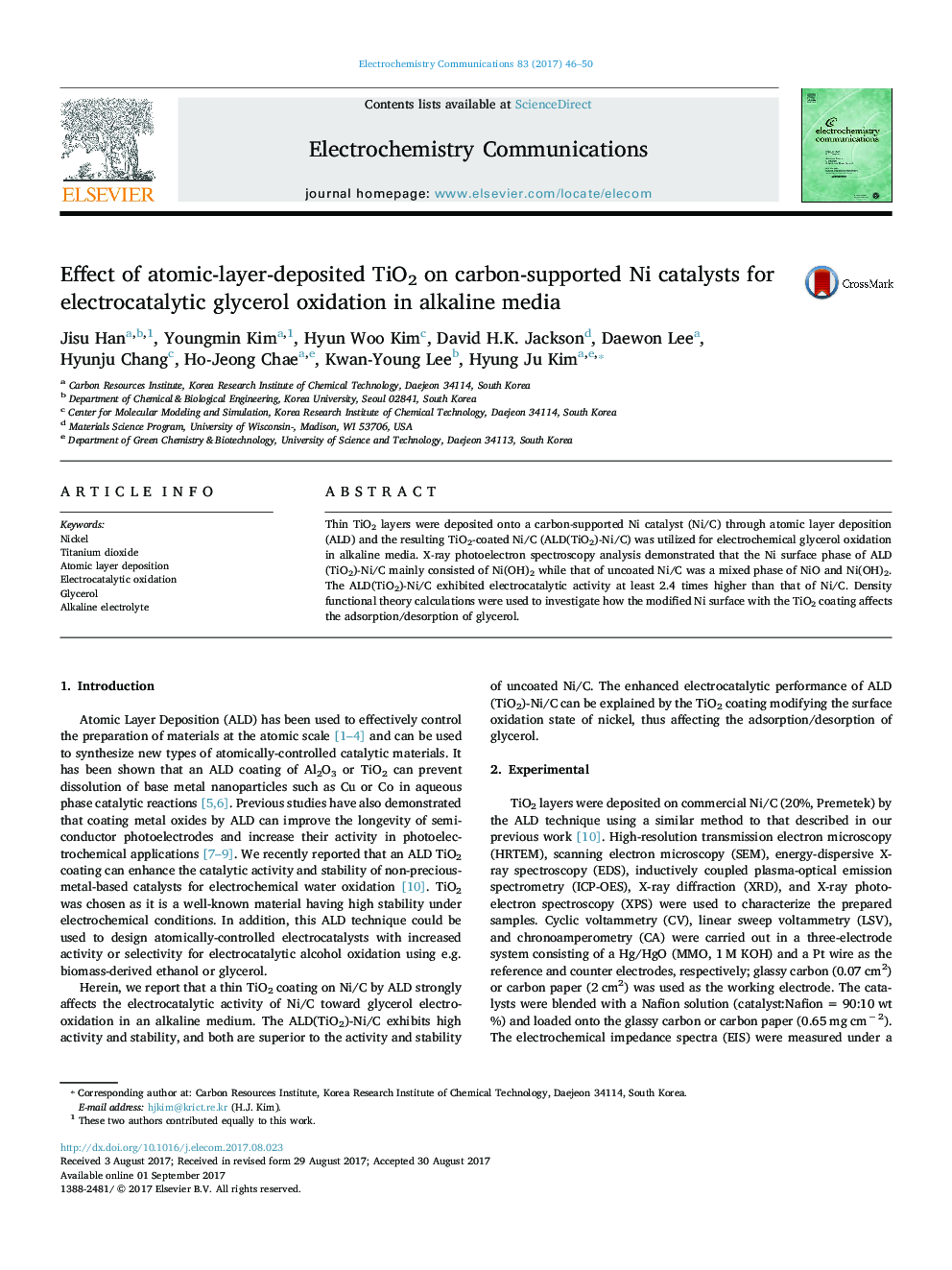 Effect of atomic-layer-deposited TiO2 on carbon-supported Ni catalysts for electrocatalytic glycerol oxidation in alkaline media