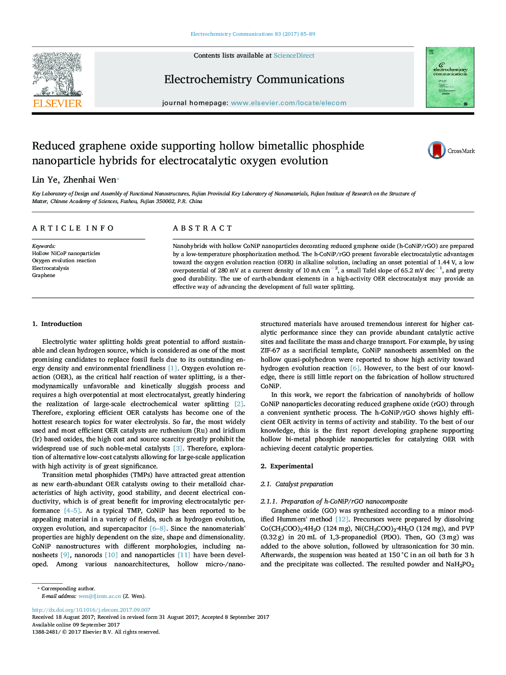 Reduced graphene oxide supporting hollow bimetallic phosphide nanoparticle hybrids for electrocatalytic oxygen evolution