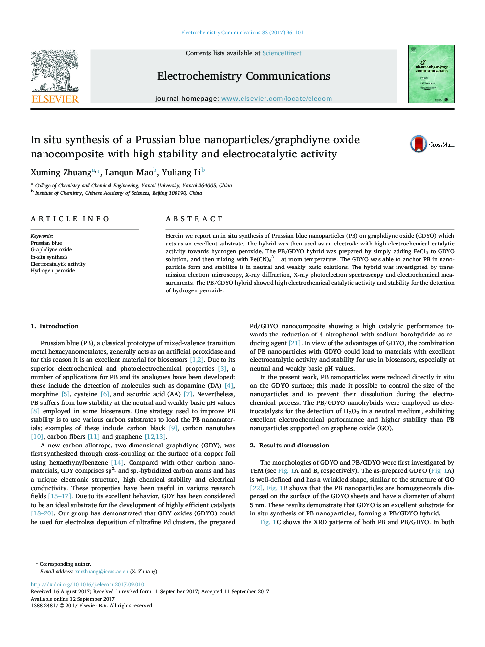 In situ synthesis of a Prussian blue nanoparticles/graphdiyne oxide nanocomposite with high stability and electrocatalytic activity