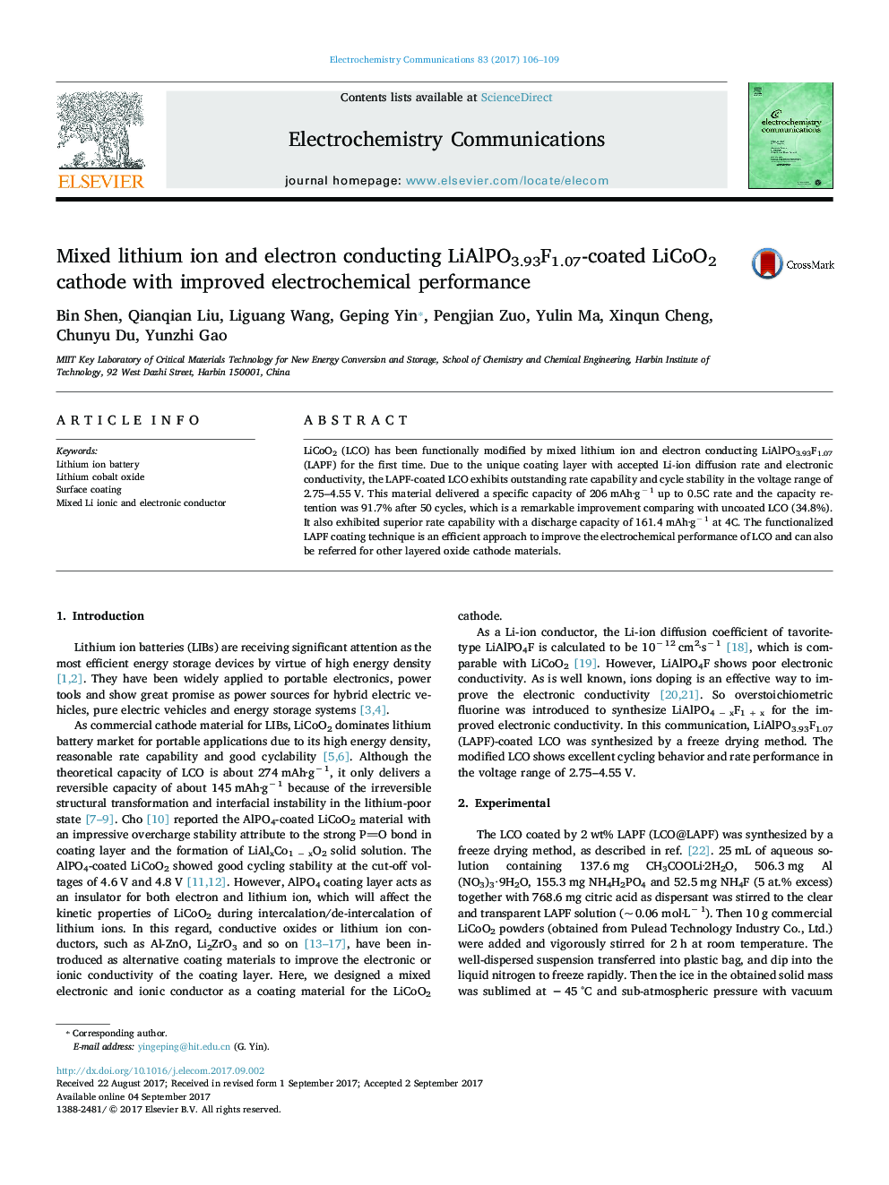 Mixed lithium ion and electron conducting LiAlPO3.93F1.07-coated LiCoO2 cathode with improved electrochemical performance