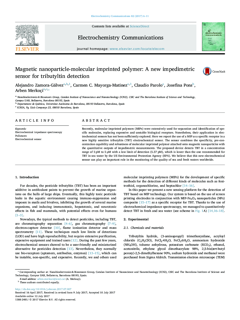 Magnetic nanoparticle-molecular imprinted polymer: A new impedimetric sensor for tributyltin detection