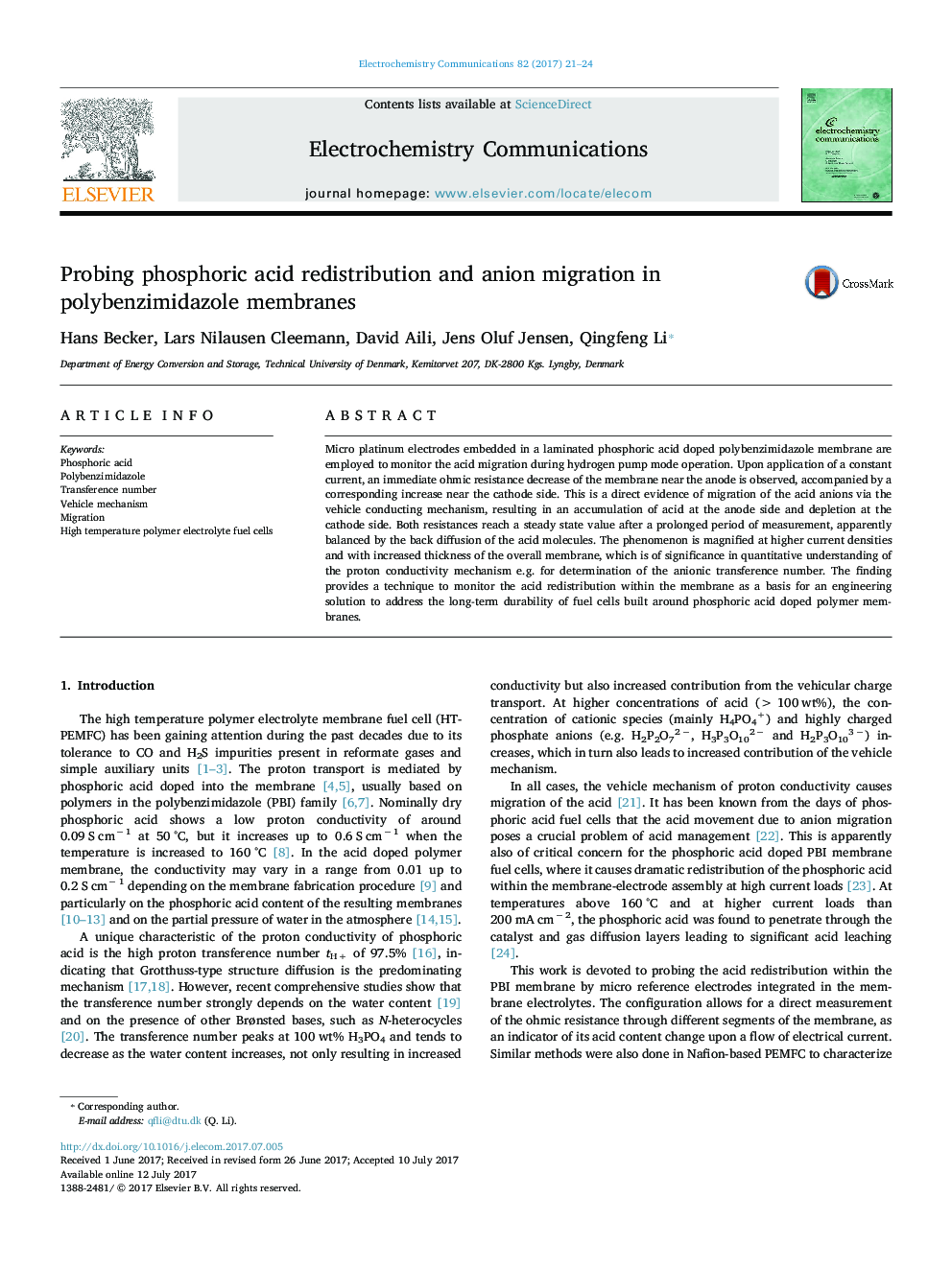 Probing phosphoric acid redistribution and anion migration in polybenzimidazole membranes