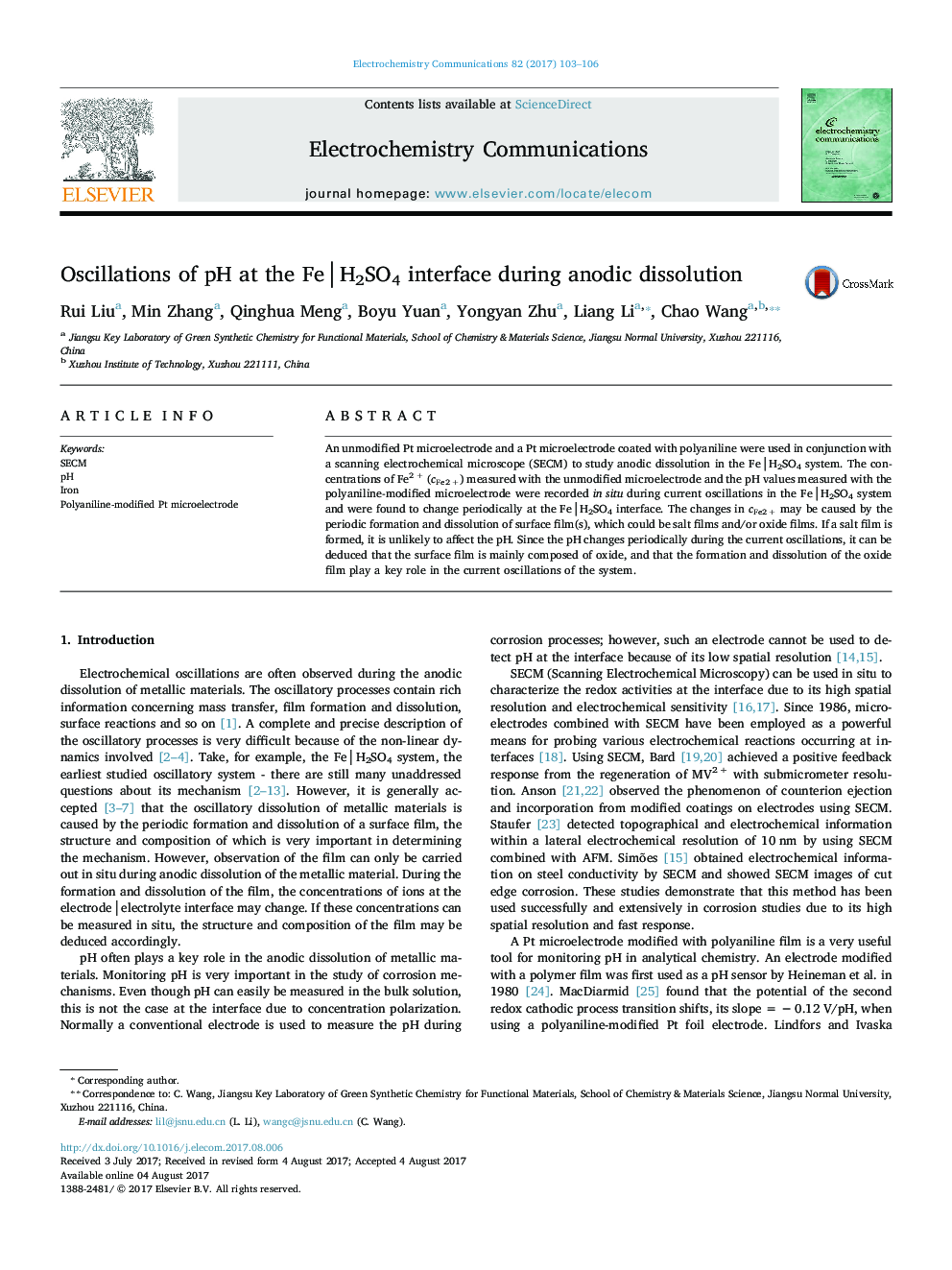 Oscillations of pH at the FeâH2SO4 interface during anodic dissolution