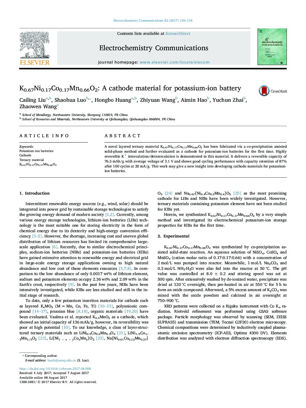 K0.67Ni0.17Co0.17Mn0.66O2: A cathode material for potassium-ion battery