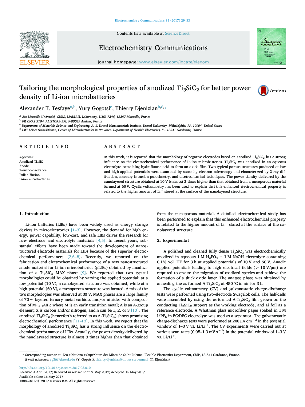 Tailoring the morphological properties of anodized Ti3SiC2 for better power density of Li-ion microbatteries