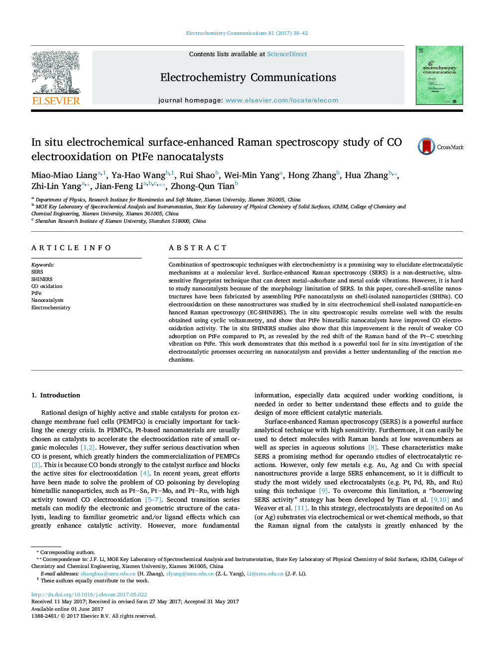 In situ electrochemical surface-enhanced Raman spectroscopy study of CO electrooxidation on PtFe nanocatalysts