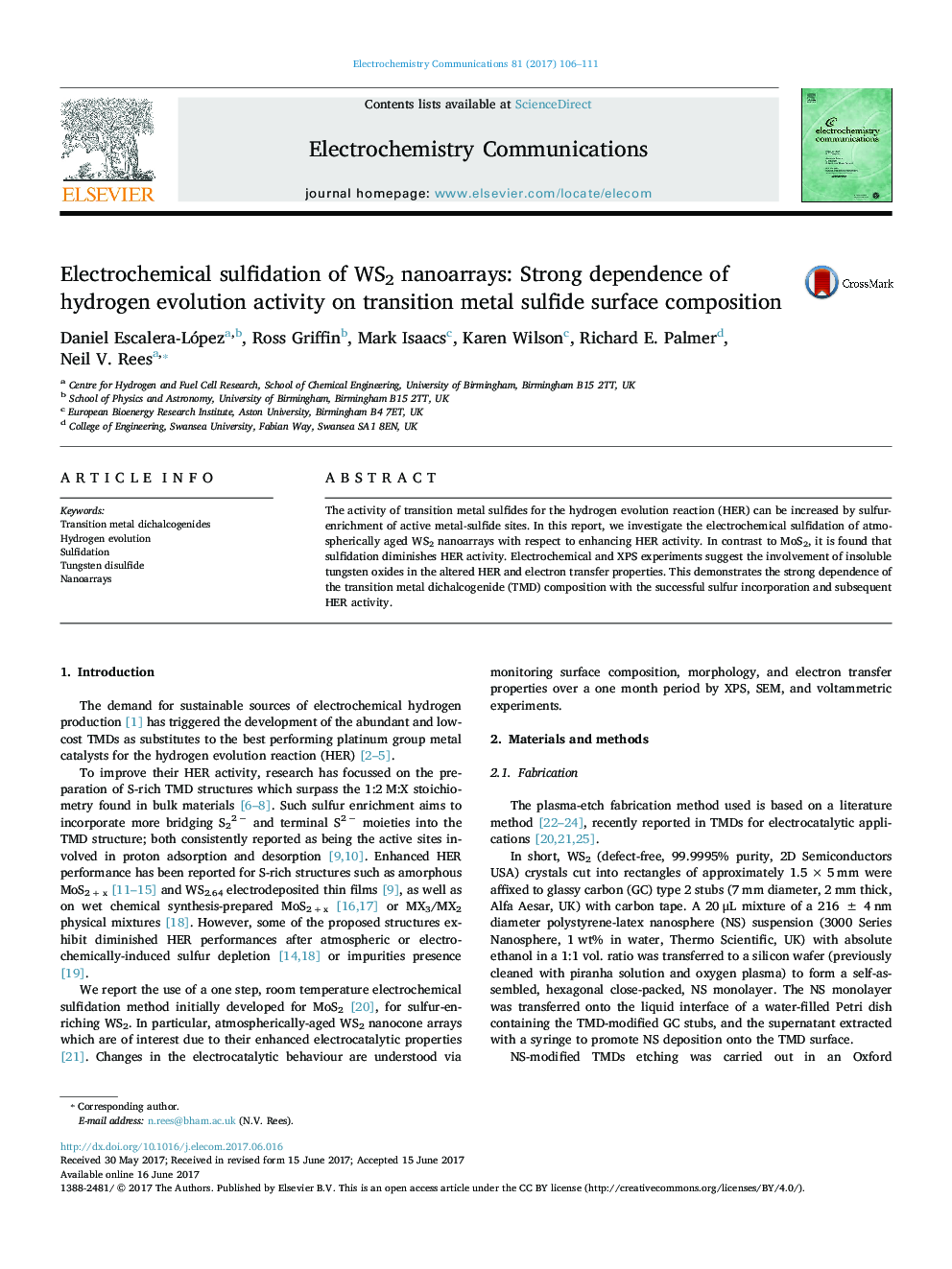 Electrochemical sulfidation of WS2 nanoarrays: Strong dependence of hydrogen evolution activity on transition metal sulfide surface composition