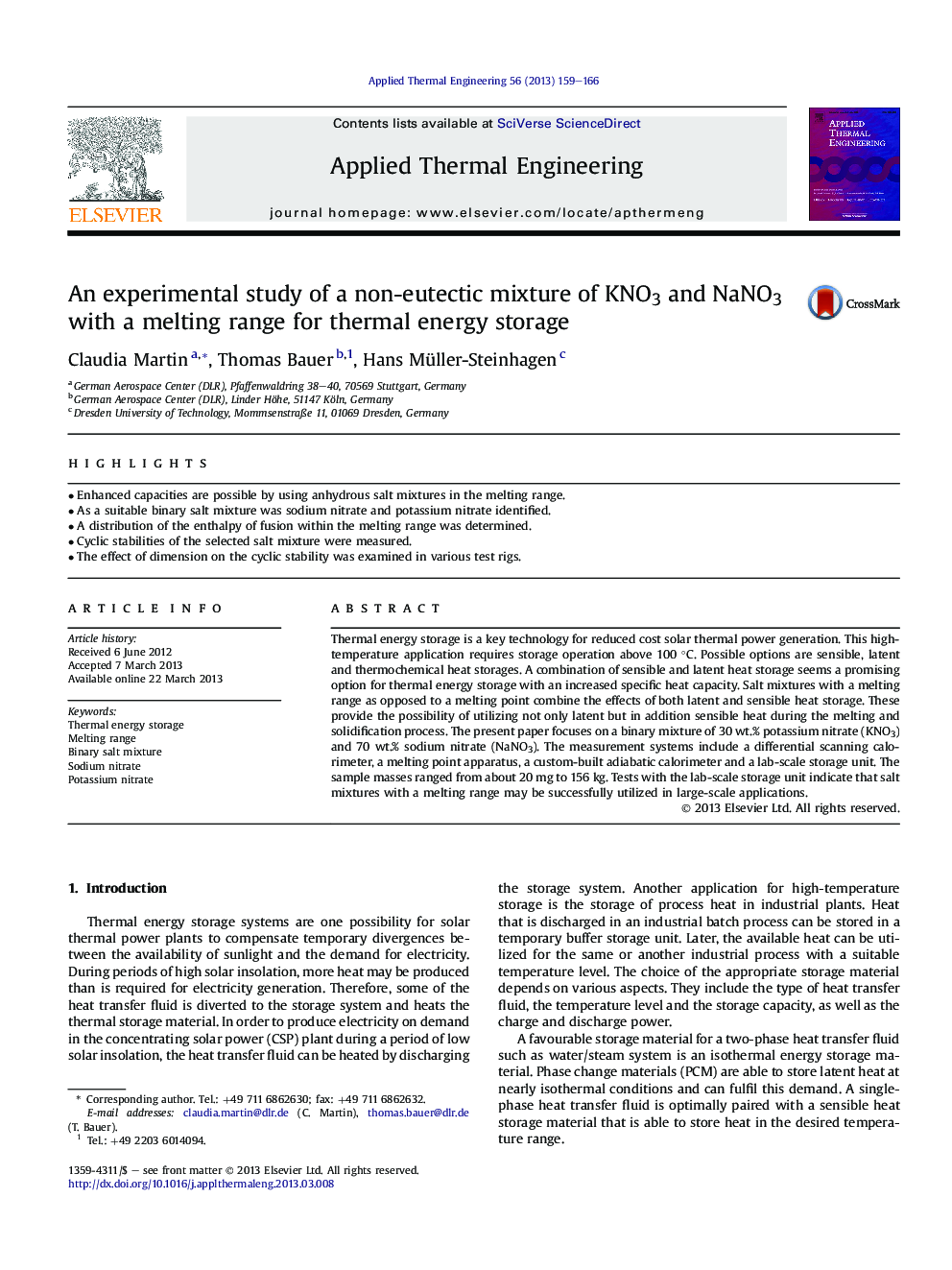 An experimental study of a non-eutectic mixture of KNO3 and NaNO3 with a melting range for thermal energy storage