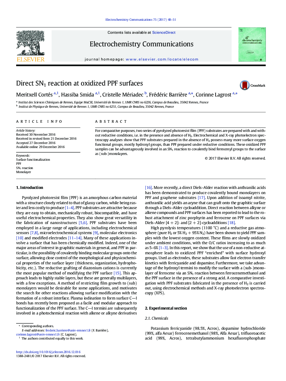 Direct SN1 reaction at oxidized PPF surfaces