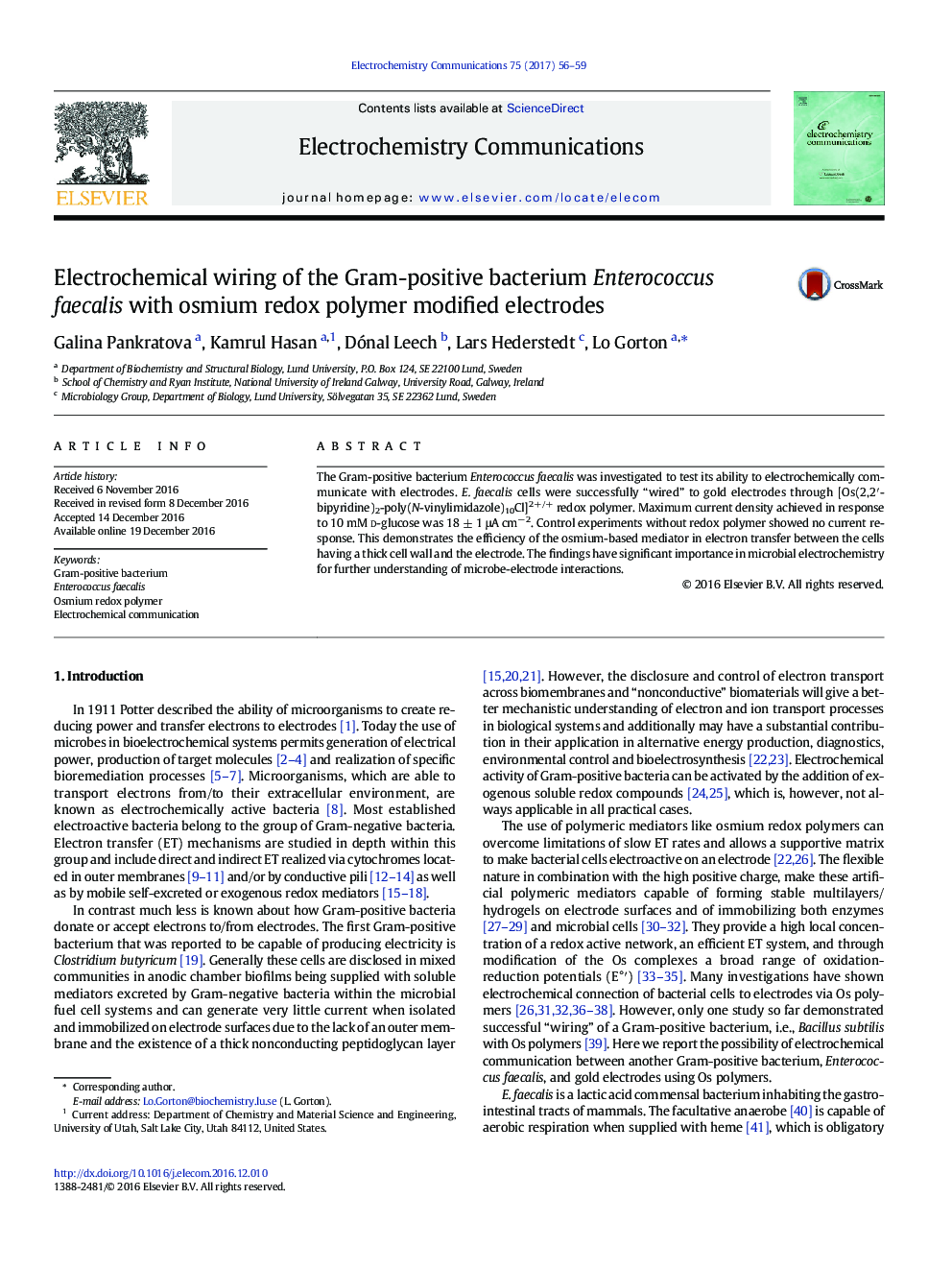 Electrochemical wiring of the Gram-positive bacterium Enterococcus faecalis with osmium redox polymer modified electrodes