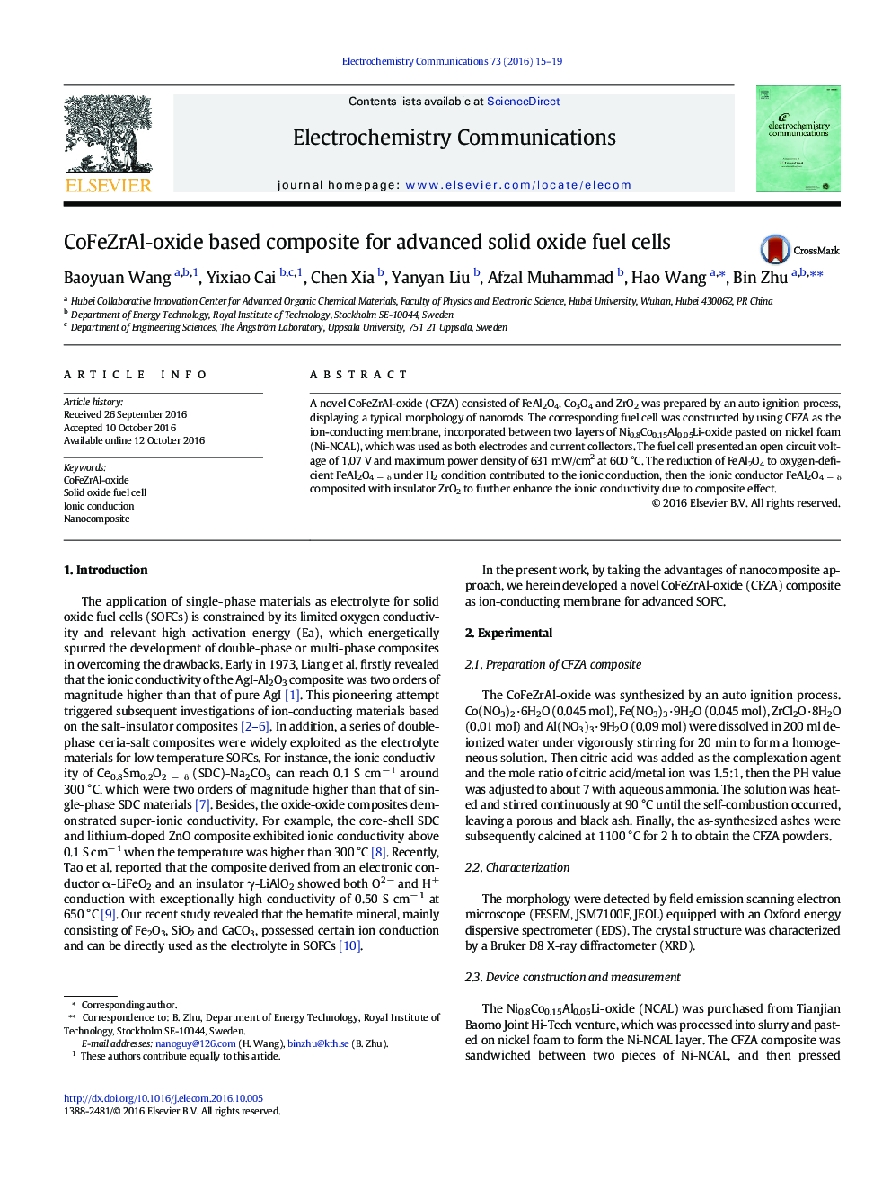 CoFeZrAl-oxide based composite for advanced solid oxide fuel cells