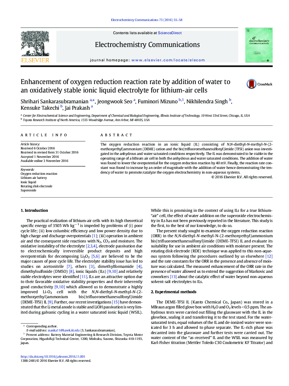 Enhancement of oxygen reduction reaction rate by addition of water to an oxidatively stable ionic liquid electrolyte for lithium-air cells